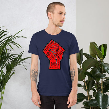 Navy crewneck T-shirt with red square "Black Lives Matter" graphic centered on chest.
