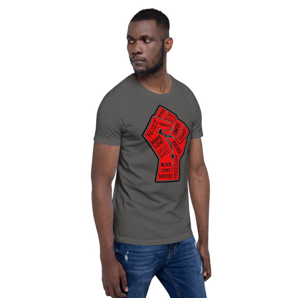 Dark gray crewneck T-shirt with red square "Black Lives Matter" graphic on chest.