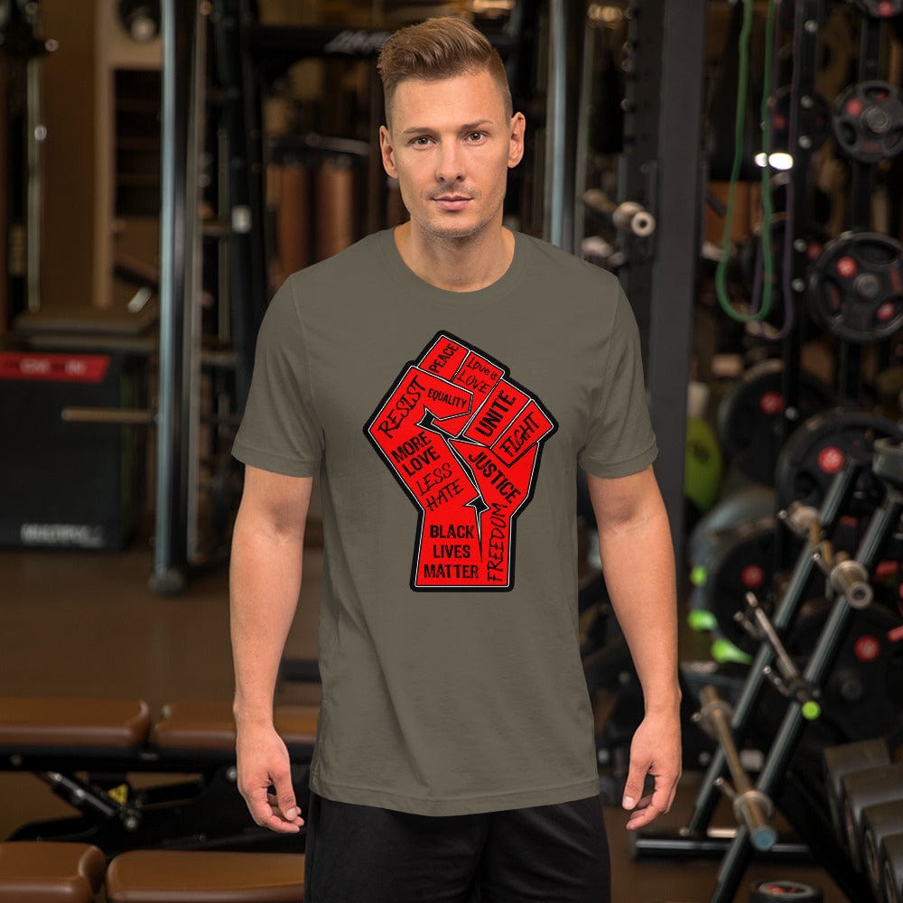 Gray crewneck T-shirt with red square "Black Lives Matter" graphic at center front.