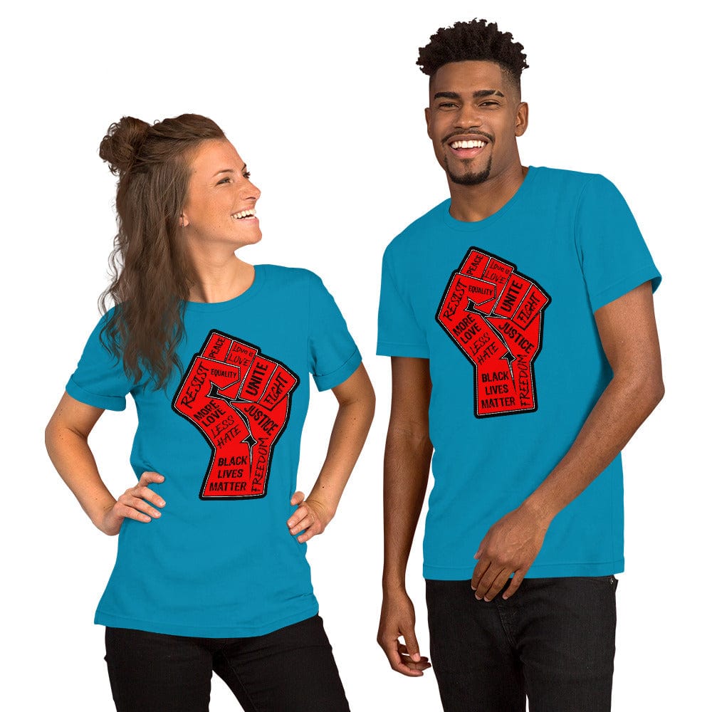 Aqua blue crewneck T-shirt with red square "Black Lives Matter" graphic on front.