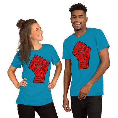 Aqua blue crewneck T-shirt with red square "Black Lives Matter" graphic on front.