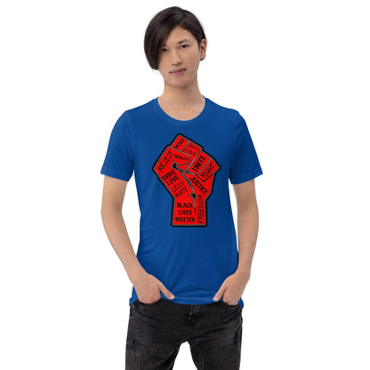 Royal blue crewneck T-shirt with red square "Black Lives Matter" graphic on chest.