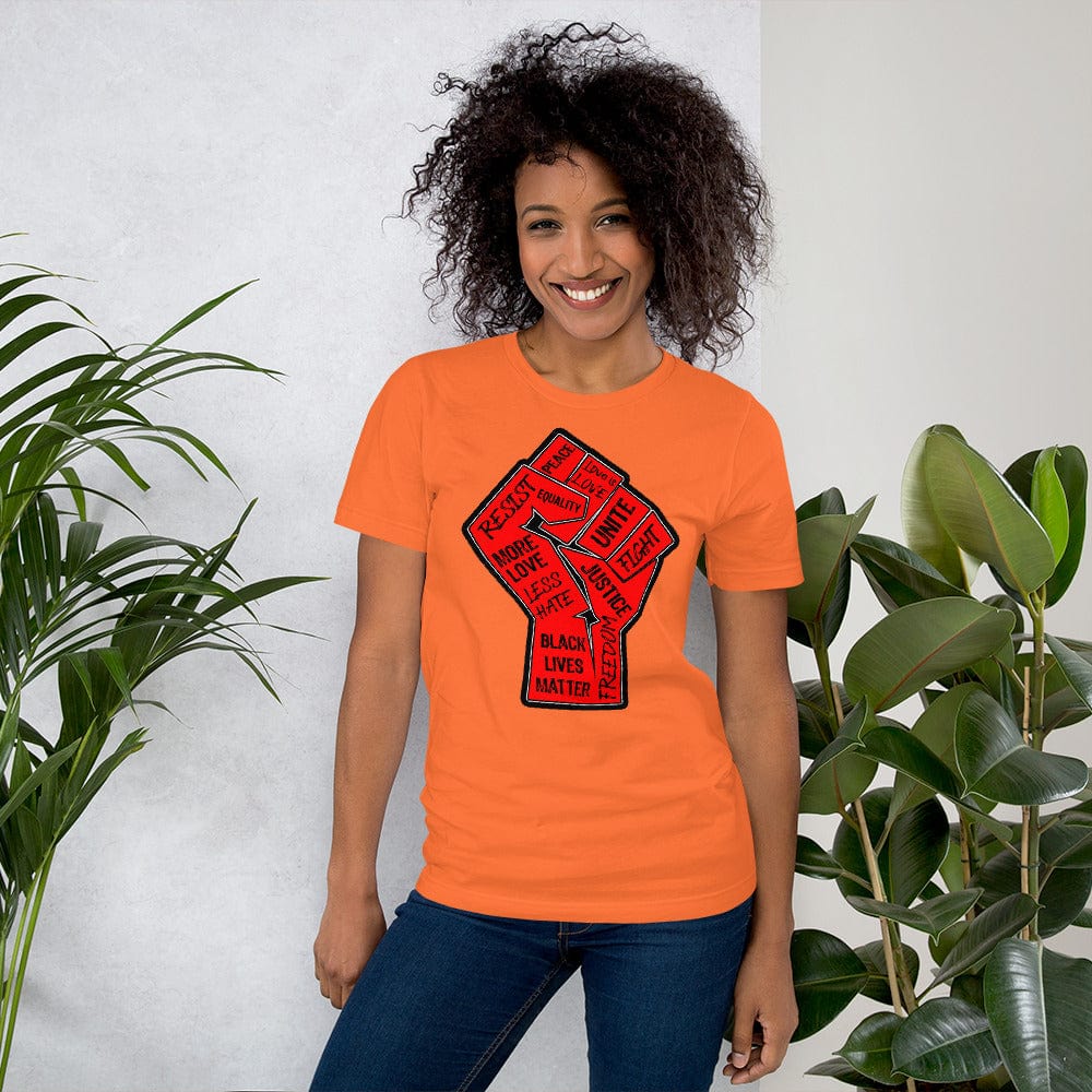 Orange crewneck T-shirt with red square "Black Lives Matter" graphic on front.