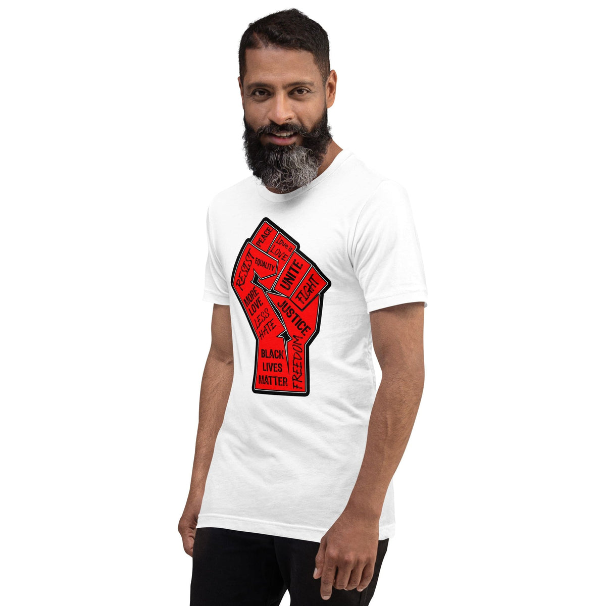 White crewneck T-shirt with red square "Black Lives Matter" graphic on front.