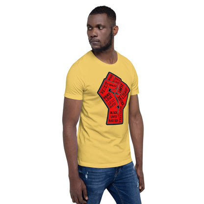 Yellow crewneck T-shirt with red square "Black Lives Matter" graphic on front.