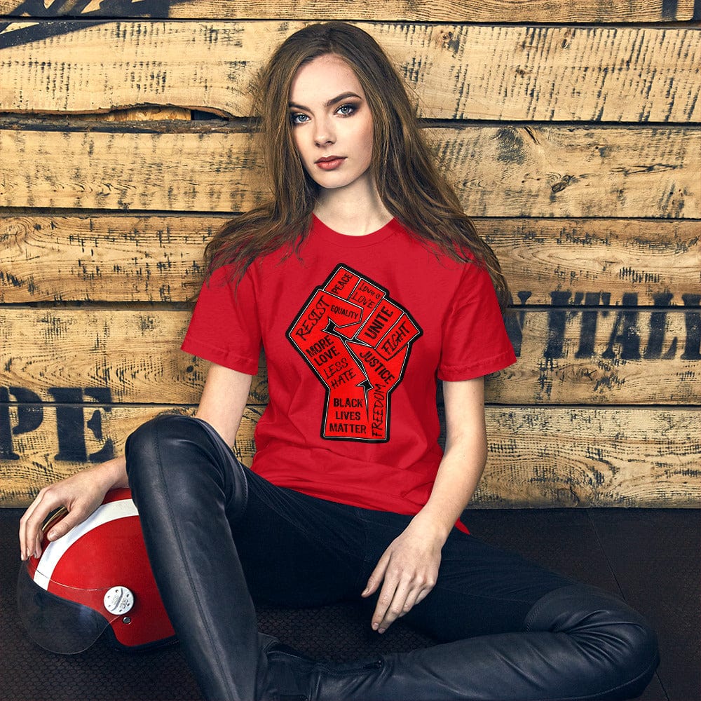 Red crewneck T-shirt with large fist graphic and text front