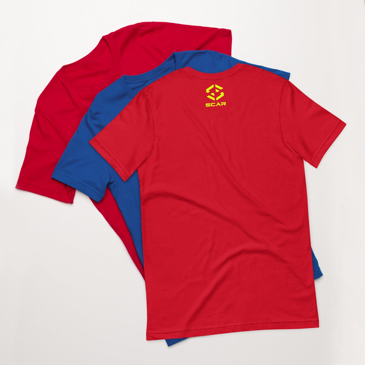 Red crewneck T-shirt with small SCAR logo on chest