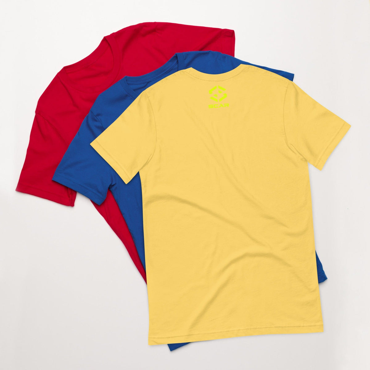 Yellow crewneck T-shirt with small SCAR logo on chest