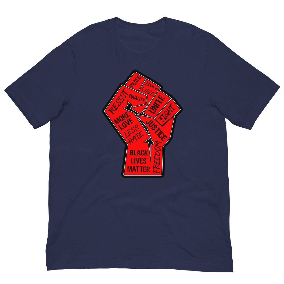 Navy crewneck T-shirt with large fist graphic and text front