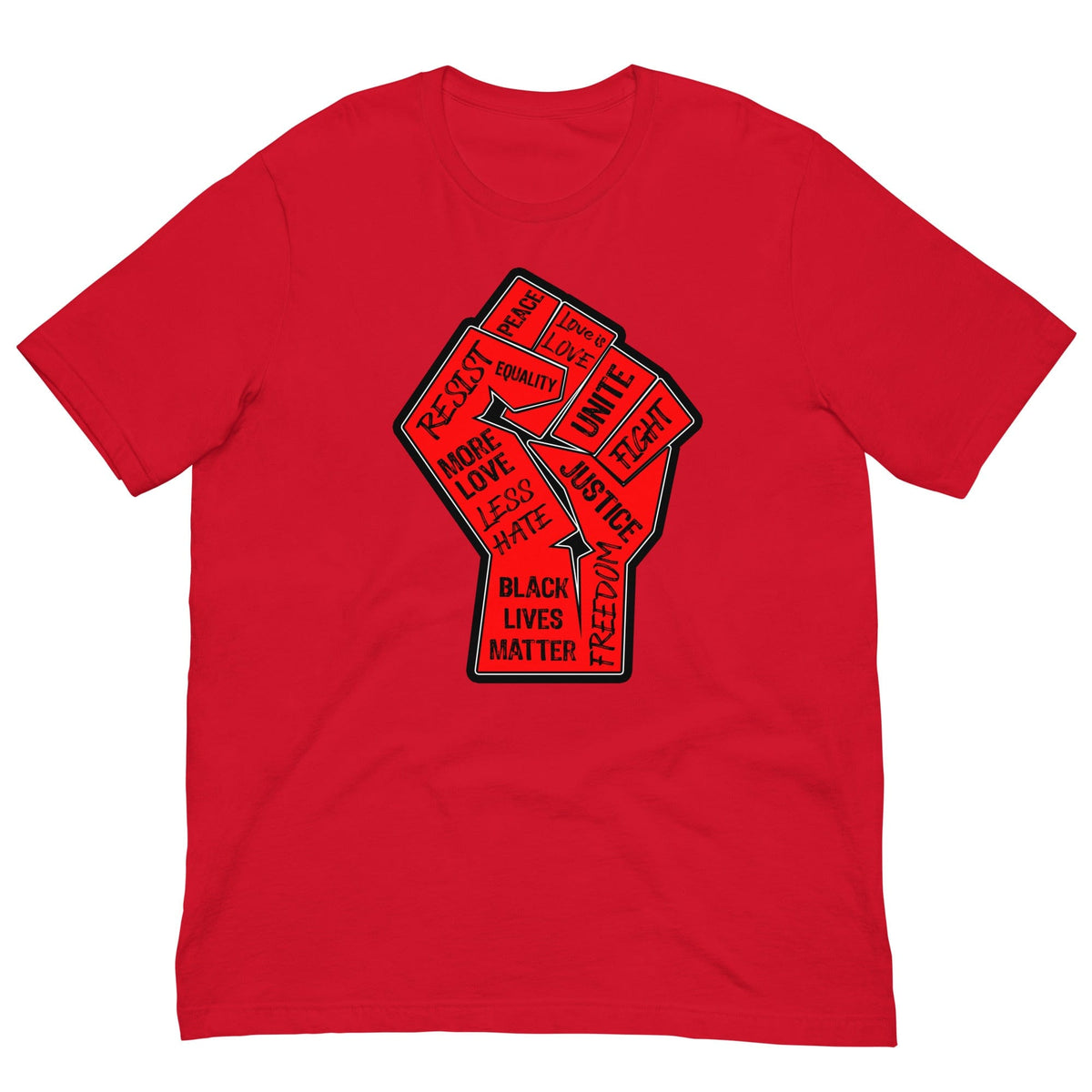 Red crewneck T-shirt with large fist graphic and text front