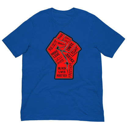 Blue crewneck T-shirt with large fist graphic and text front