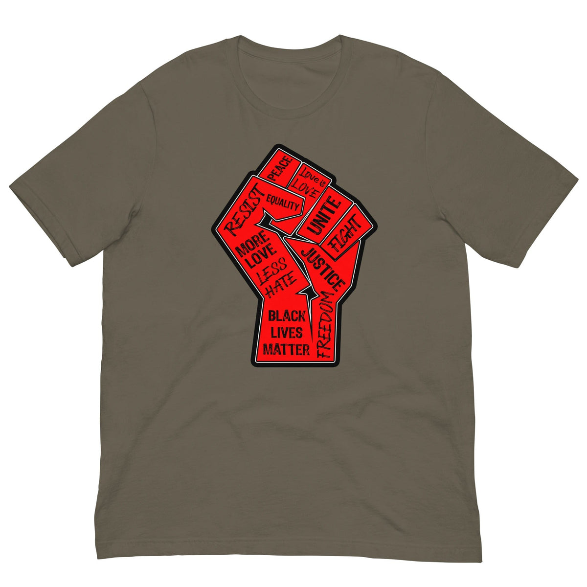 Graphic T-shirt, olive brown, front fist and text graphic