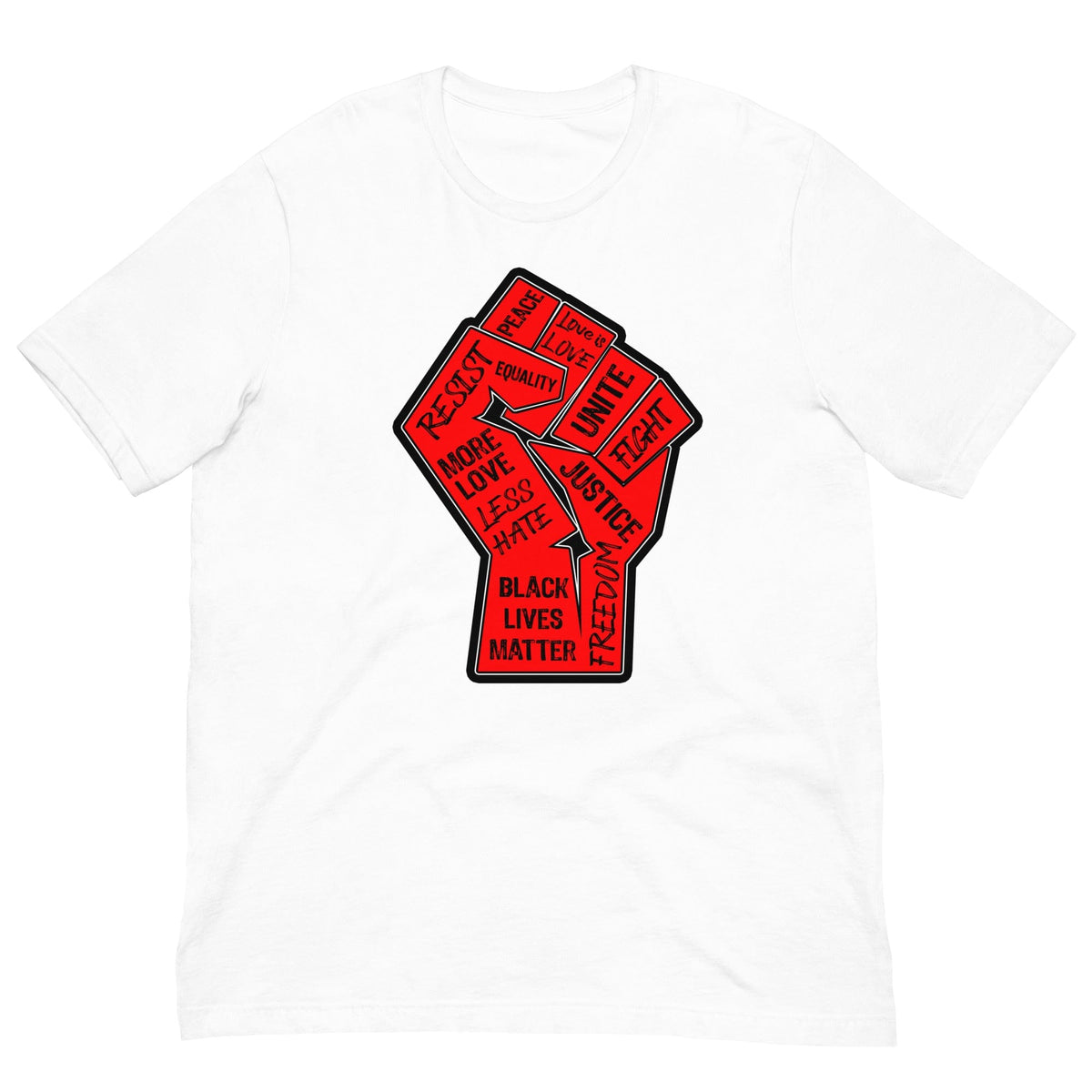 White T-shirt with multicolor raised fist graphic and civil rights text