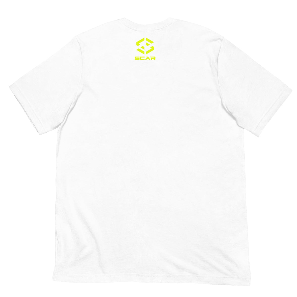 White T-shirt with small neon green SCAR logo on back