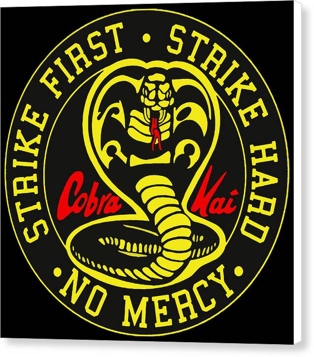 Canvas print featuring cobra Kai snake logo with “No Mercy” circular lettering on black