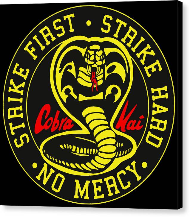 Canvas print with cobra emblem and circular text “Strike First” on black background