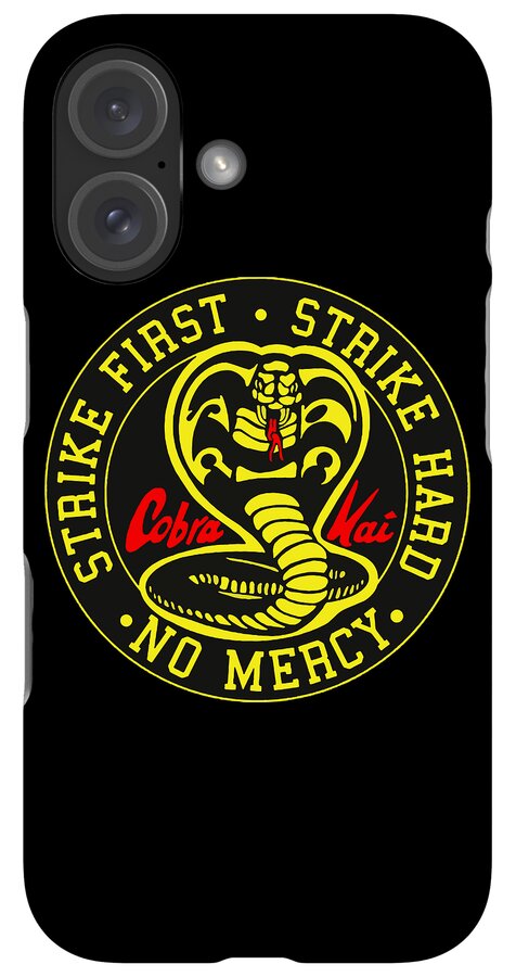 Black phone case with Cobra Kai Strike First logo and triple-camera cutout on back