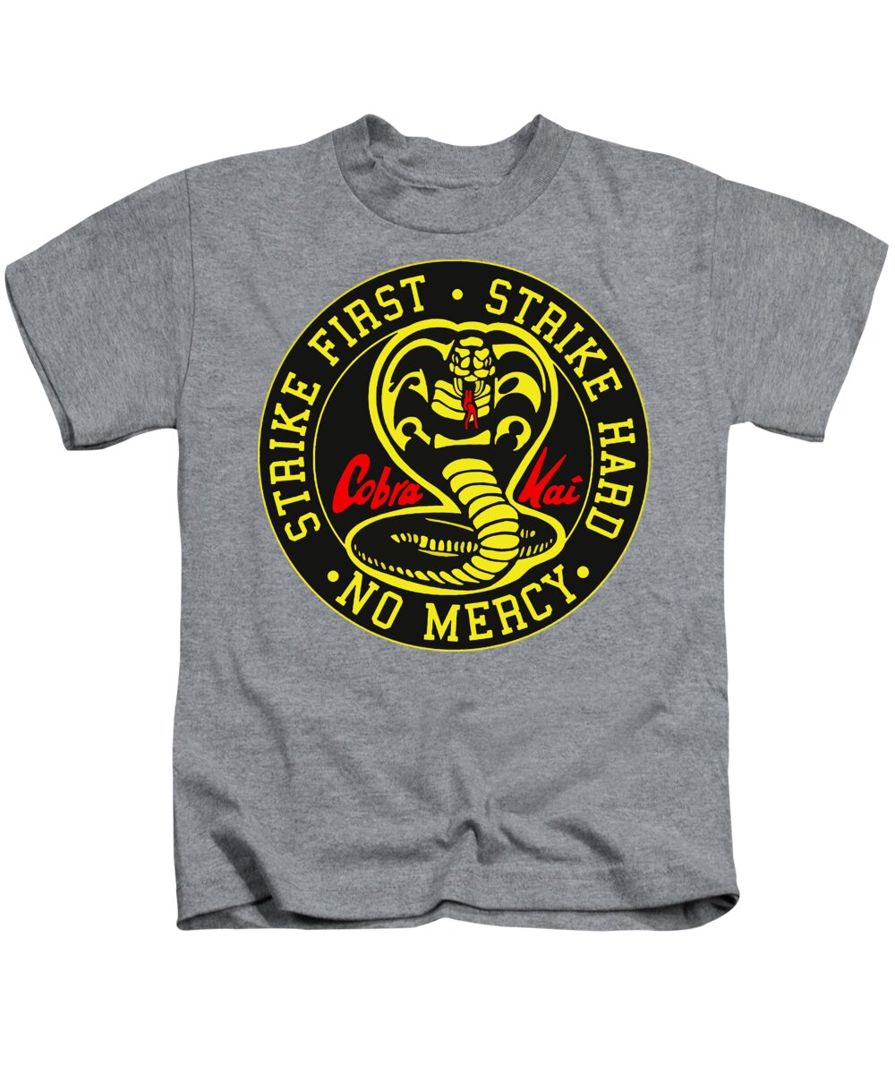 Kids heather gray T-shirt with Cobra karate logo graphic on the chest