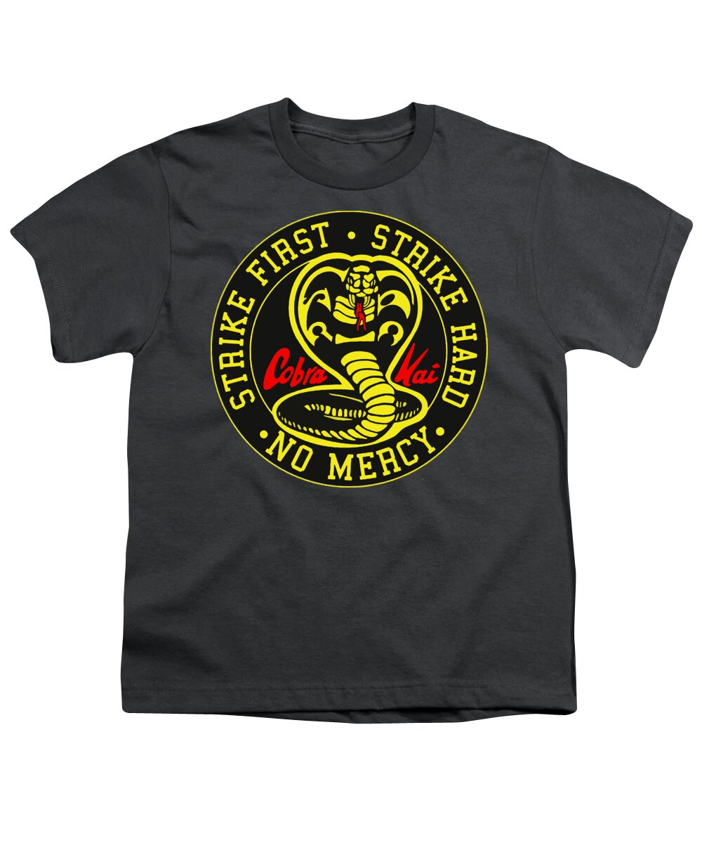 Youth dark gray T-shirt with circular Cobra Kai Strike Hard graphic print on front
