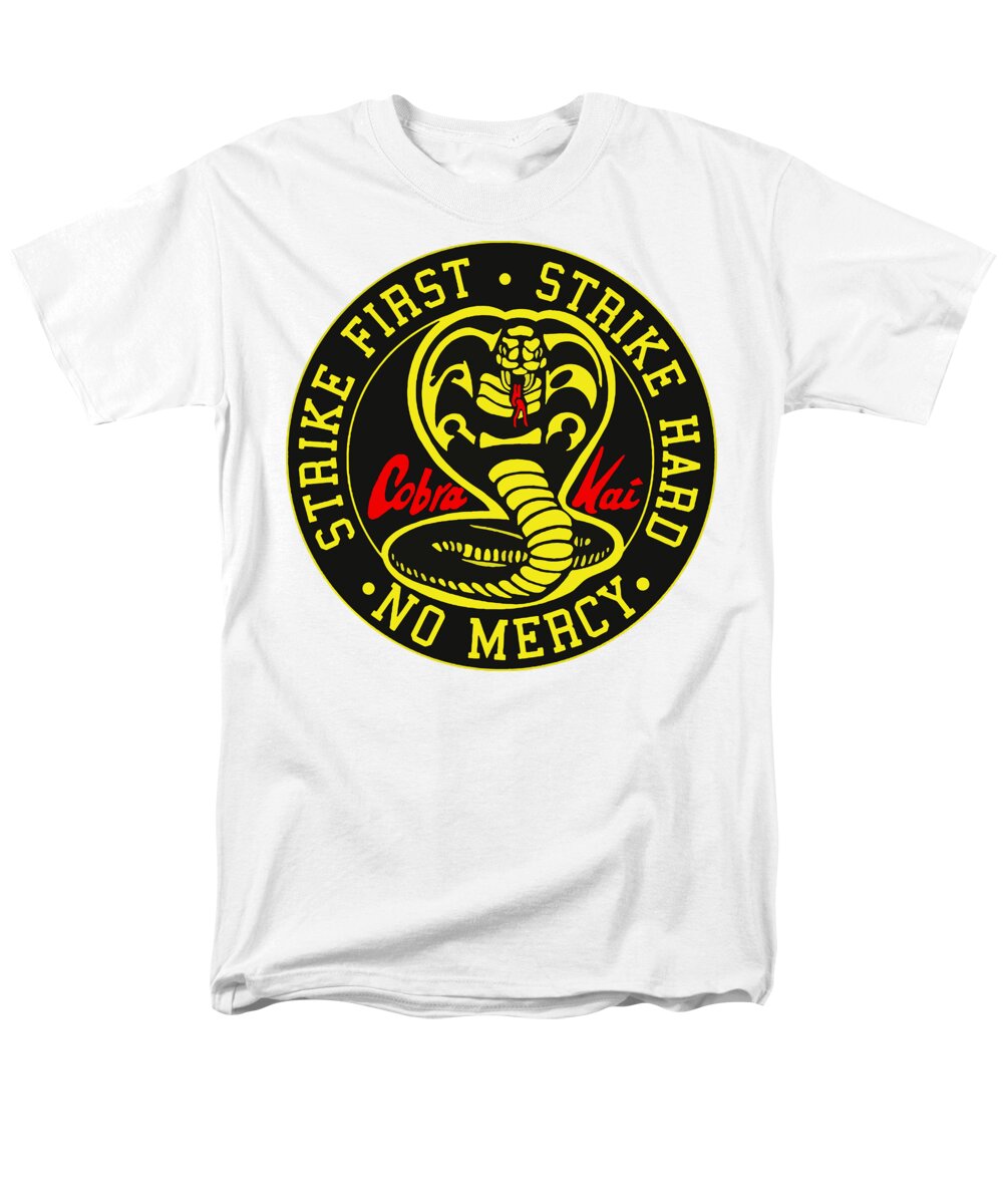 Men's white T-shirt with circular Cobra Kai graphic at chest.
