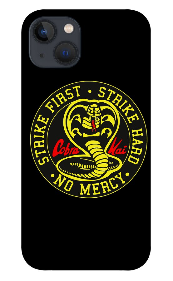 Black phone case featuring a yellow ring Cobra Kai emblem with “Strike Hard” lettering.