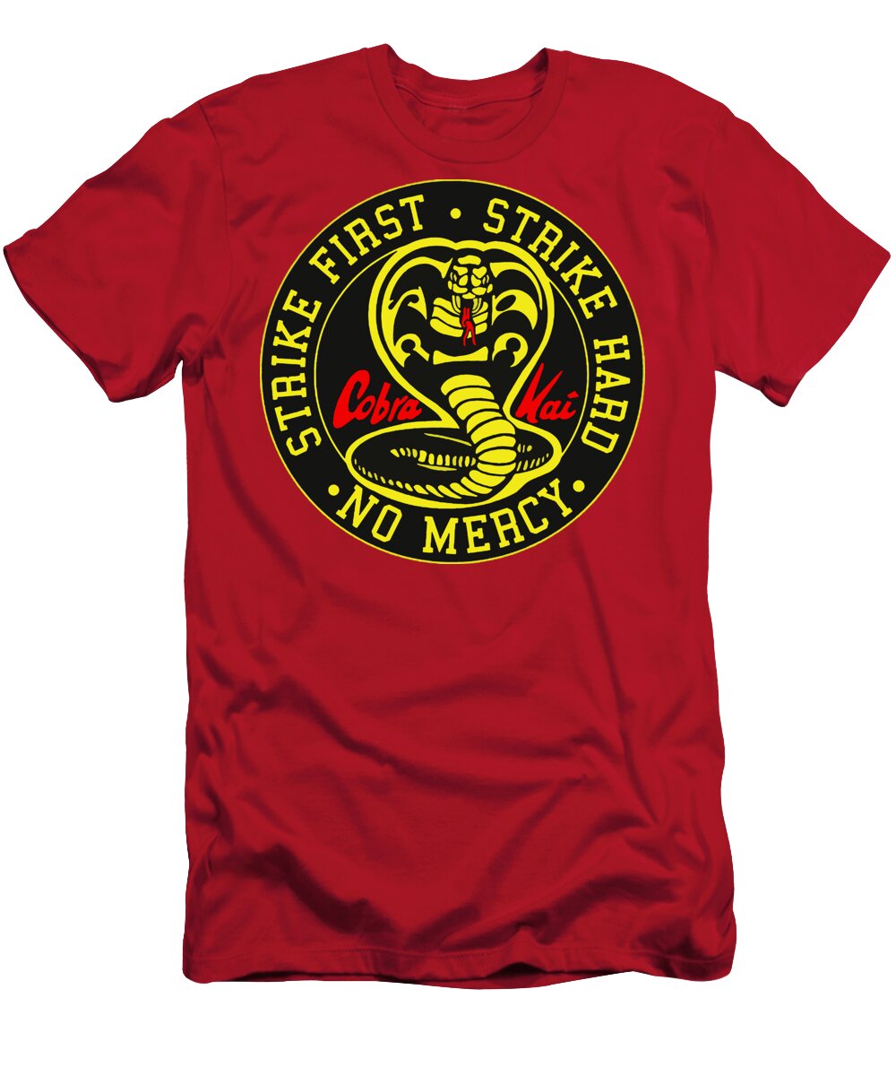 Red Cobra Kai Strike First t-shirt with large round front graphic and logo