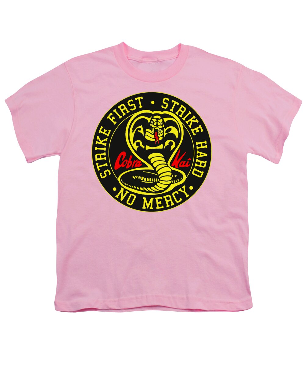 Pink youth graphic T-shirt with Cobra Kai circular Strike First logo