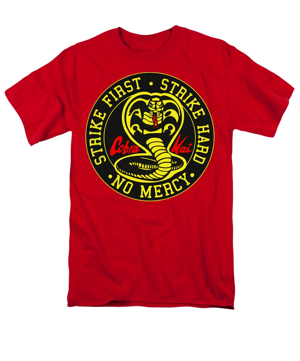 Men's red T-shirt with circular Cobra Kai graphic at chest.