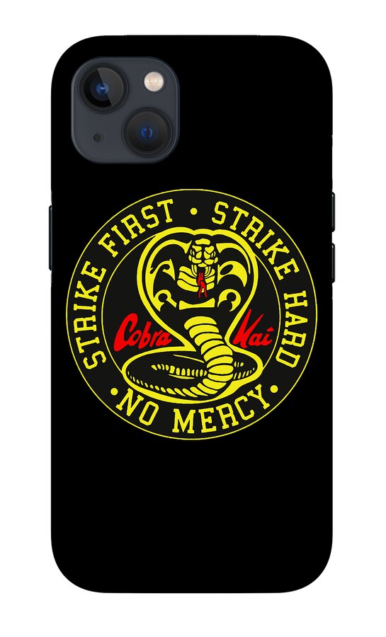 Black phone case with circular Cobra Kai Cobra and “No Mercy” graphic in yellow and red.