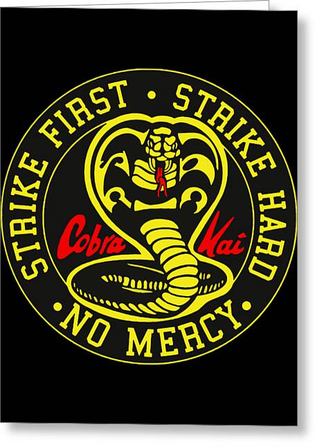 Greeting card with black Cobra Kai logo and “No Mercy” text