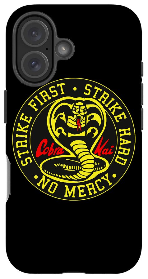 Black phone case with Cobra Kai Strike First emblem and multi-lens camera window