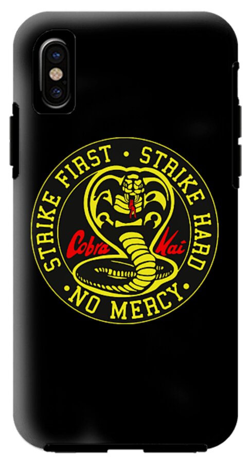 Black phone case with Cobra Kai Strike First emblem, 'No Mercy' ring, and side cutout