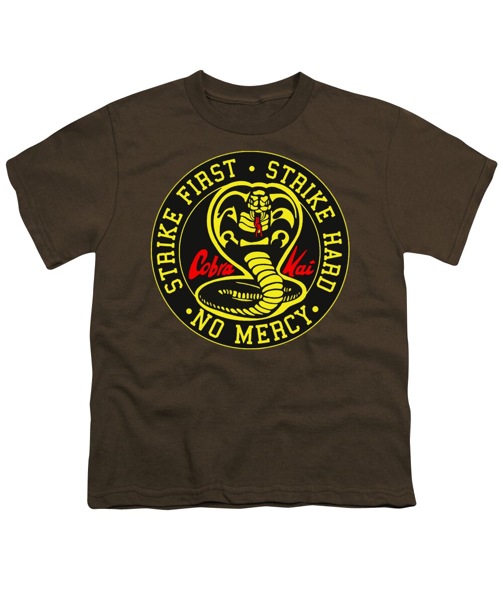 Youth brown T-shirt with circular Cobra Kai Strike Hard graphic print on front