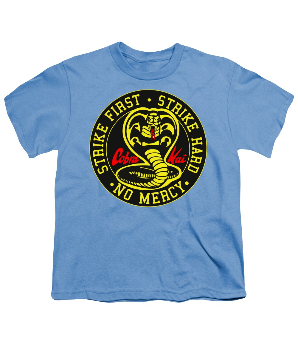 Youth light blue T-shirt with circular Cobra Kai Strike Hard graphic print on front