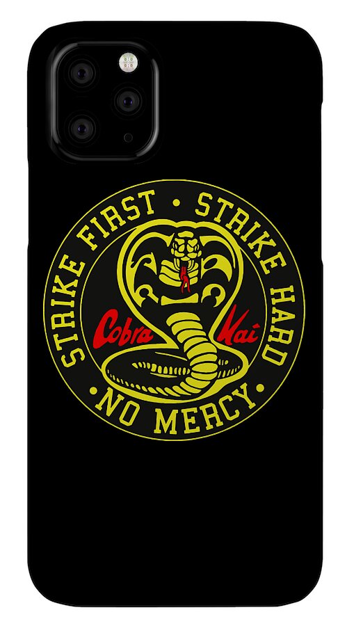 Black phone case with circular Cobra Kai Strike First No Mercy emblem on the back