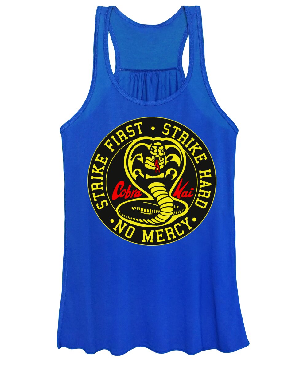 Women's royal blue tank top with scooped neckline and round Cobra Kai graphic logo front.