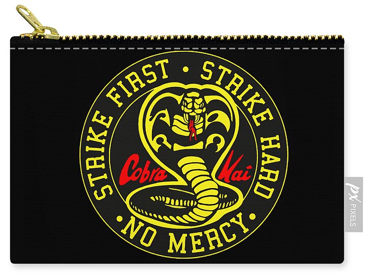 Black zip pouch with gold zipper pull and round Cobra Kai Strike First No Mercy logo