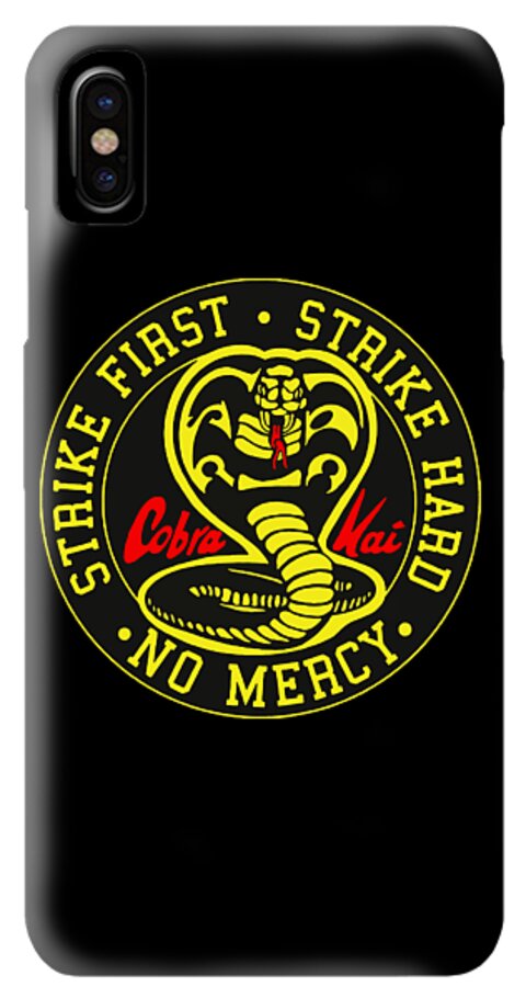 Gray phone case with circular Cobra Kai Strike First No Mercy emblem on back