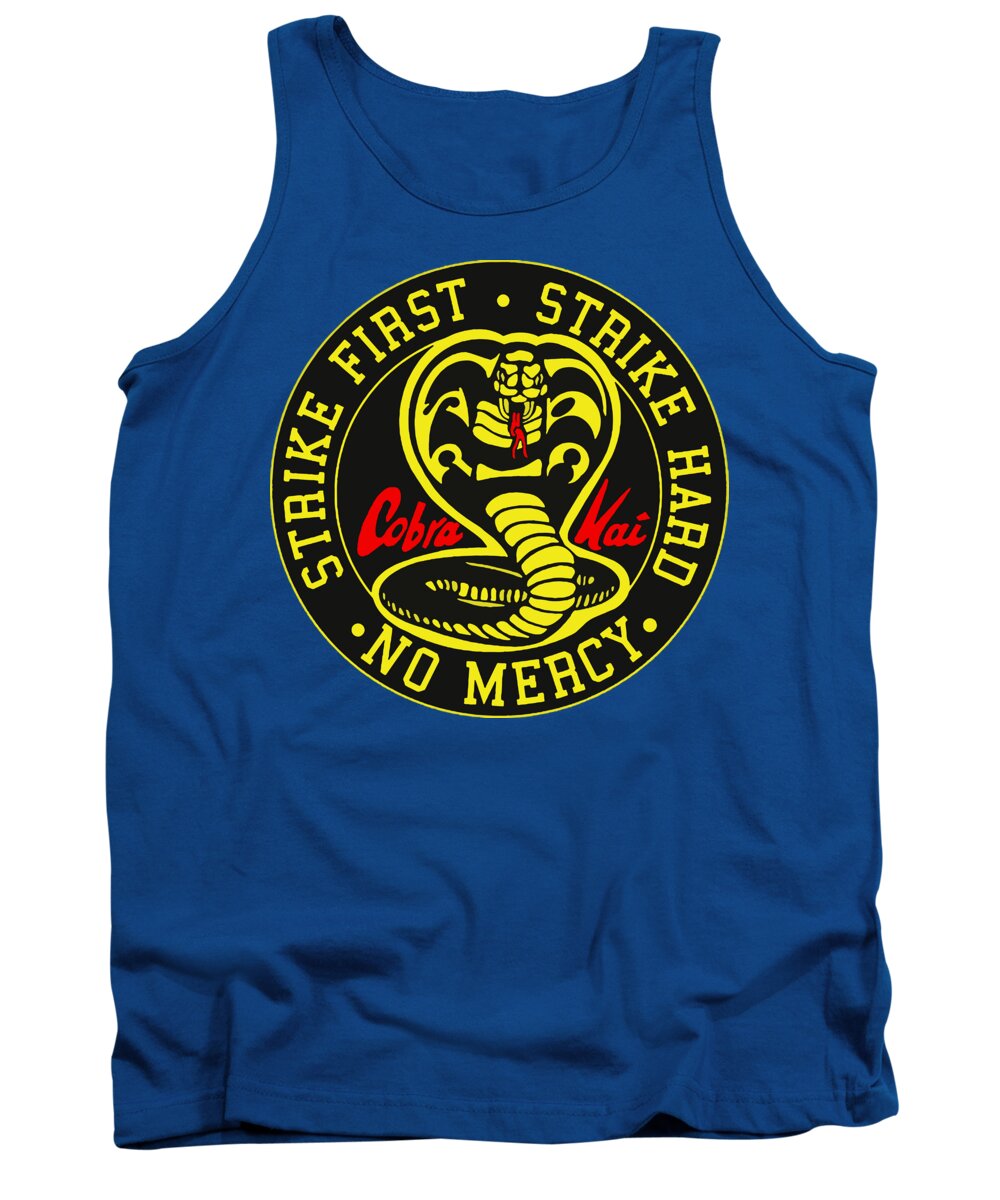 Royal blue tank top with circular Cobra Kai graphic, sleeveless crew neck
