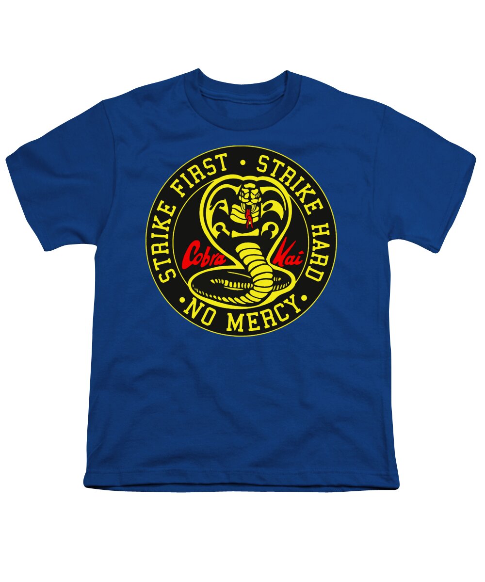 Royal blue youth graphic T-shirt with Cobra Kai circular Strike First logo