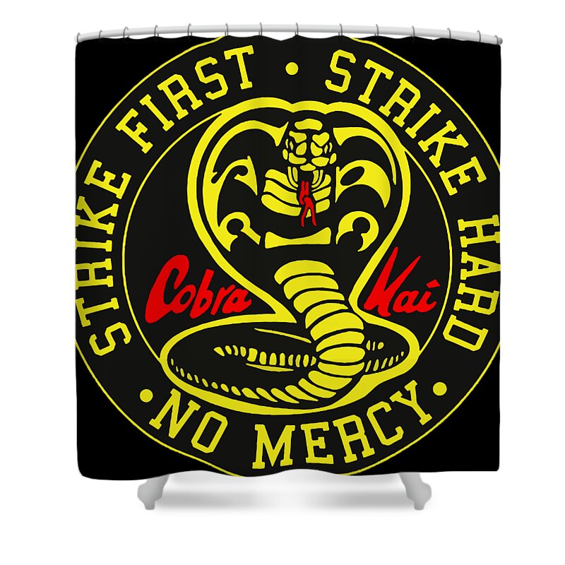 Black shower curtain with large Cobra Kai graphic and "No Mercy" lettering