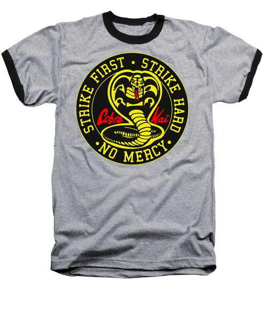 Heather gray baseball T-shirt with black trim and circular cobra logo graphic
