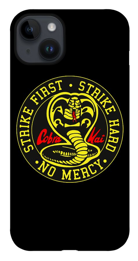 Black phone case with Cobra Kai Strike First emblem and snake cobra artwork