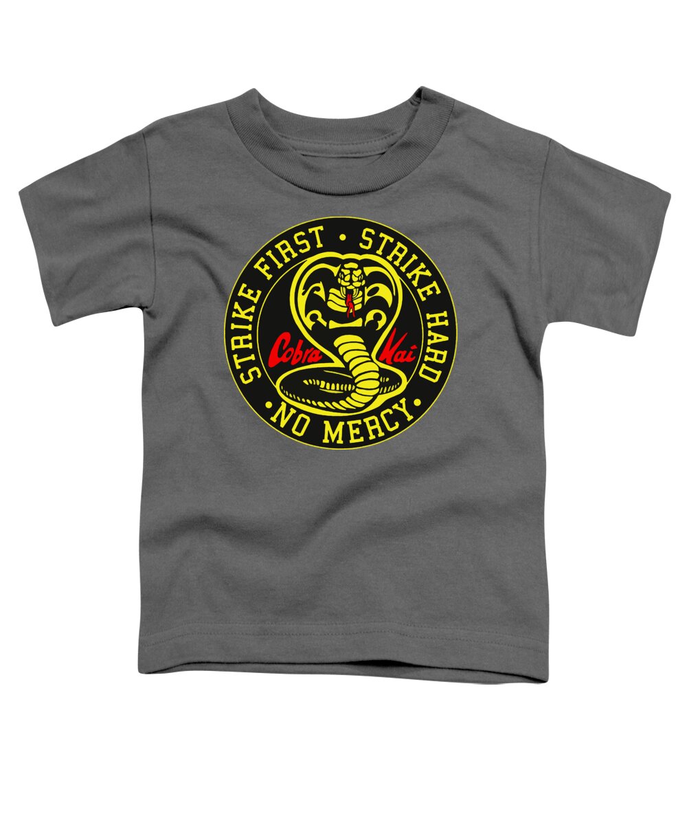 Toddler graphic t-shirt in charcoal gray with Cobra Kai Strike First emblem at center