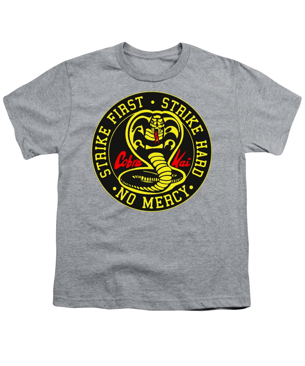 Youth heather gray T-shirt with circular Cobra Kai Strike Hard graphic print on front