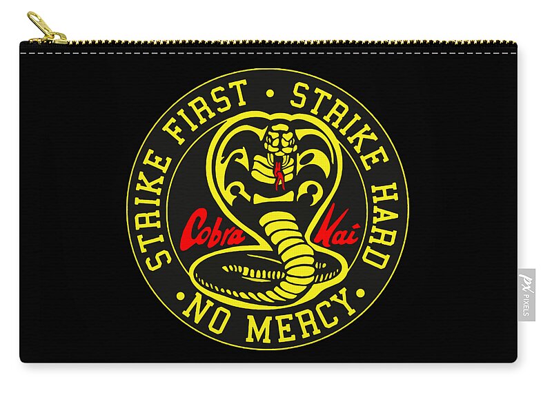 Black zip pouch front with gold zipper and round Cobra Kai Strike First No Mercy logo