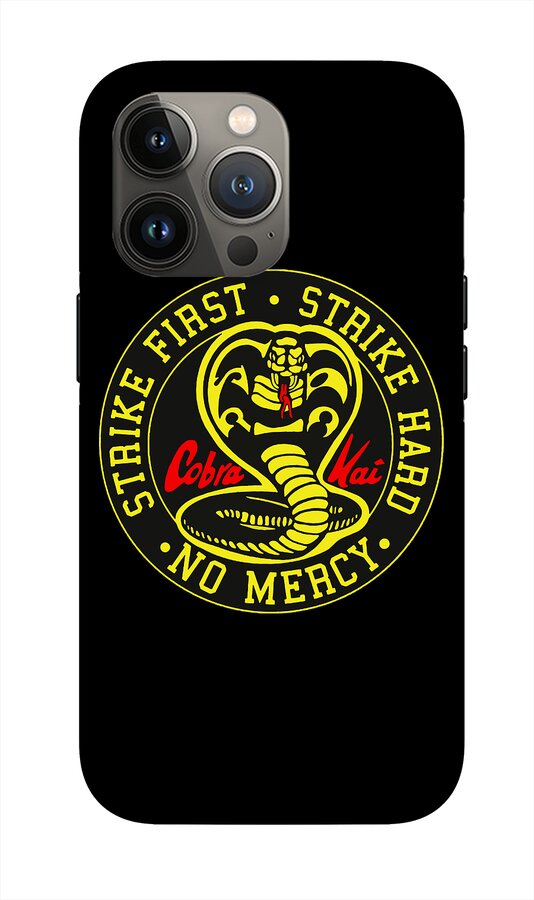 Black phone case with circular Cobra Kai emblem, yellow outline and “Strike Hard” words.