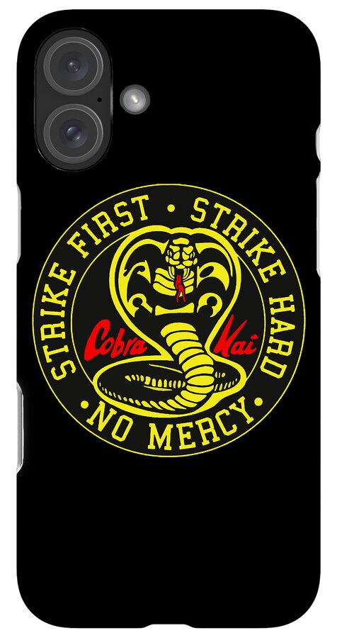 Black phone case with Cobra Kai Strike First 'No Mercy' logo and triple-camera cutout