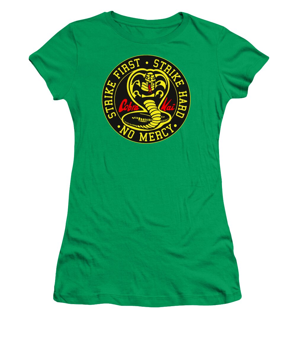 Women's kelly green T-shirt with Cobra Kai circular logo graphic on chest