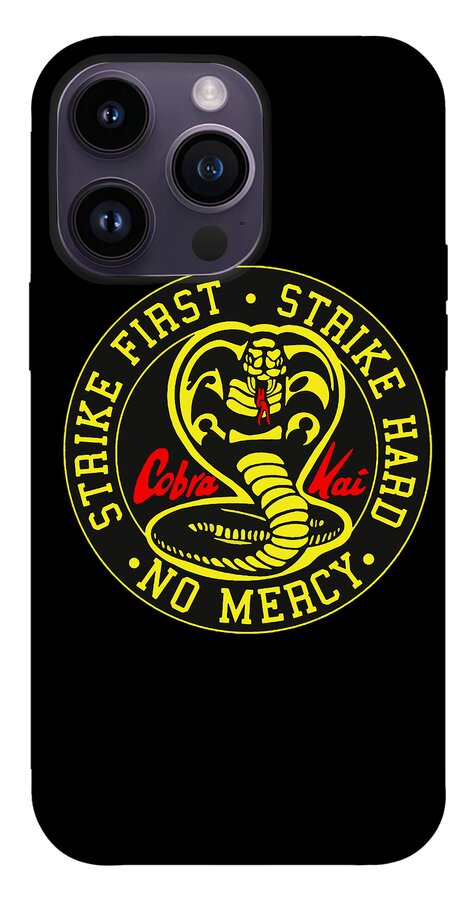 Black phone case featuring Cobra Kai Strike First emblem with yellow border ring